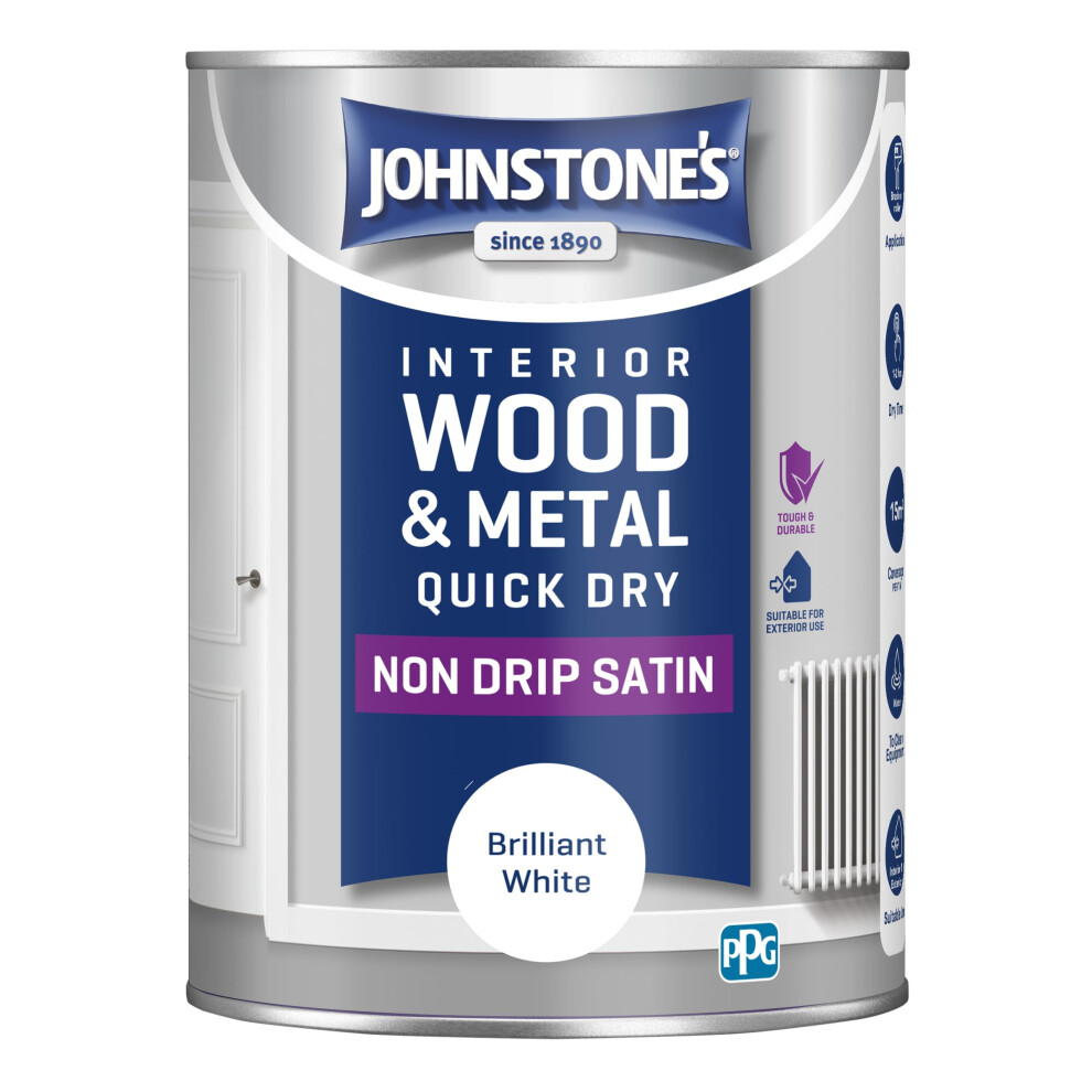 Johnstone's Quick Dry Satin 1.25L – Brilliant White – Interior Wood, Metal & Radiator Paint – Low Odour