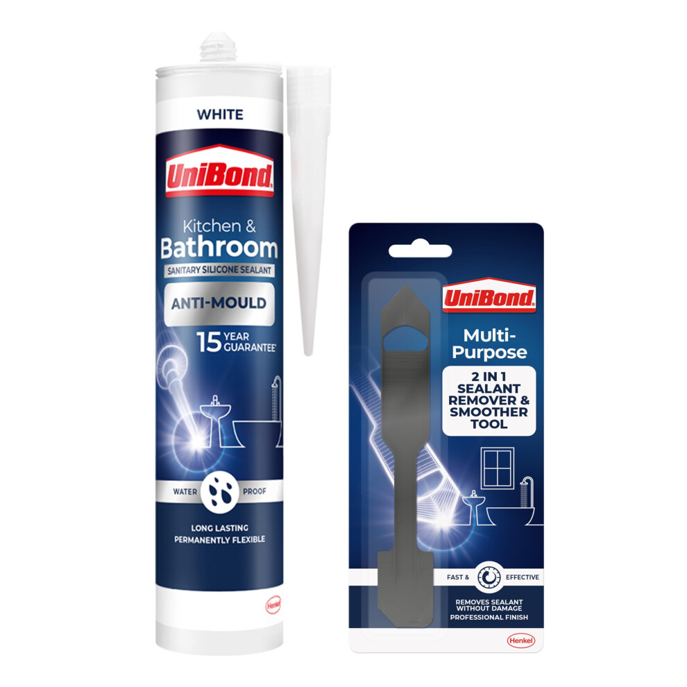 UniBond Anti-Mould White Sealant & 2-in-1 Plastic Tool – Smoothing & Removal Tool for Silicone & Bathroom Use
