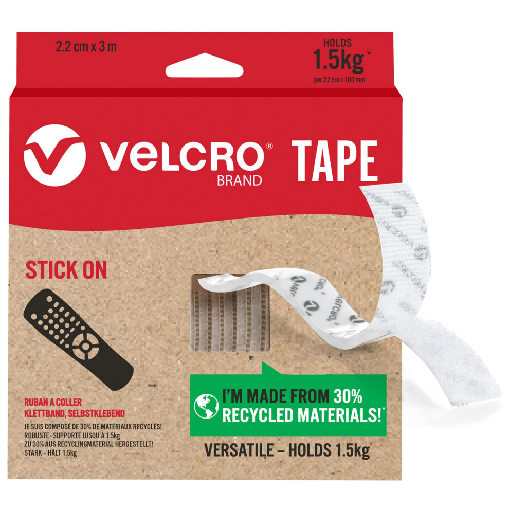 VELCRO Brand Stick On Tape – 22mm x 3m, Cut-to-Length, Hook & Loop, White