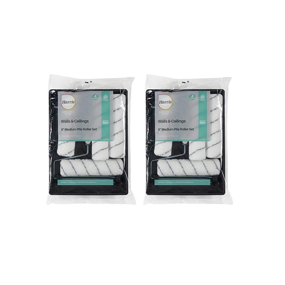Harris 9" Paint Roller Set Pack of 2 – 1 Frame, 4 Sleeves, 1 Tray – Walls & Ceilings Decorating Kit