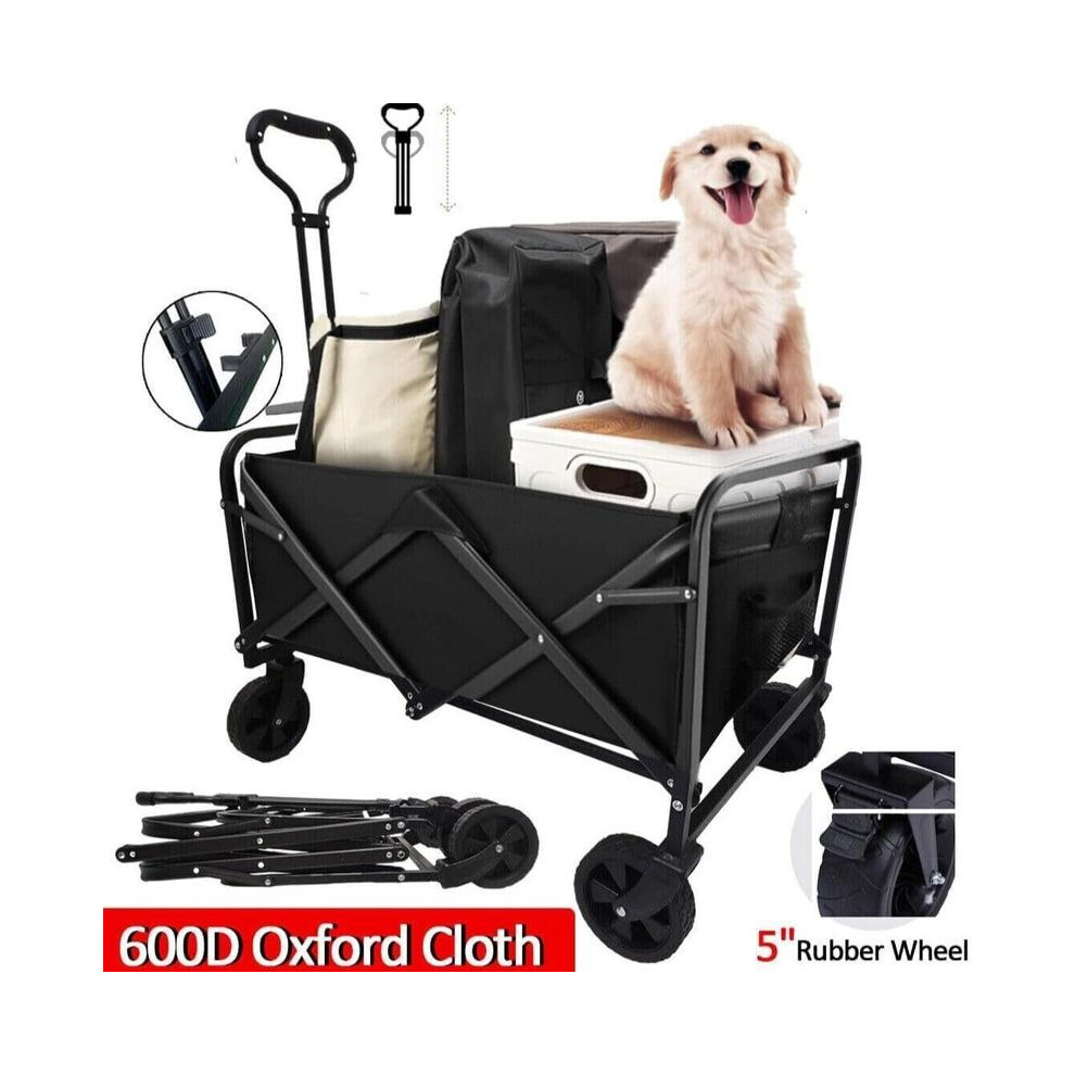 (black) 5" Rubber Wheel Heavy Duty Foldable Garden Trolley Cart Wagon for Camping Garden