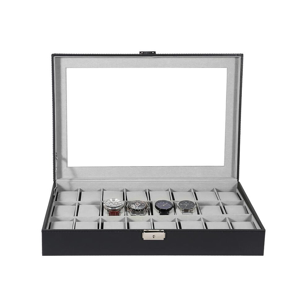 (24(black+grey)) Uten 6/10/12/24 Slot Watch Collector's Box, Watch Display Box with Glass Window and Clear Viewing, Collector's Watch Box Jewellery Bo-image-OPC-PHJ2CT8-NEW