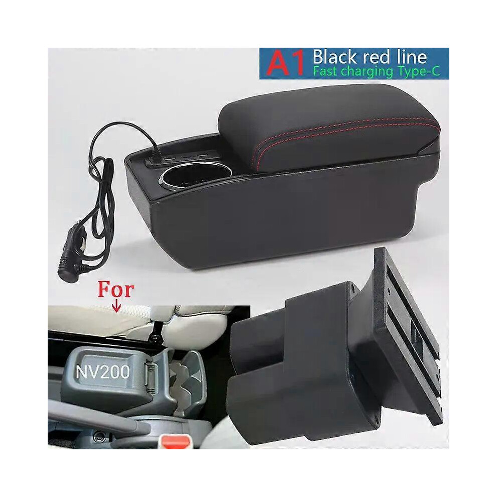 (B1 6Usb, One Size) Compatible For Nissan Nv200 Armrest Box Compatible For Nissan Nv200 Car Armrest Central Auto Storage Box Cup Holder Dedi Black/Red 4909775380491