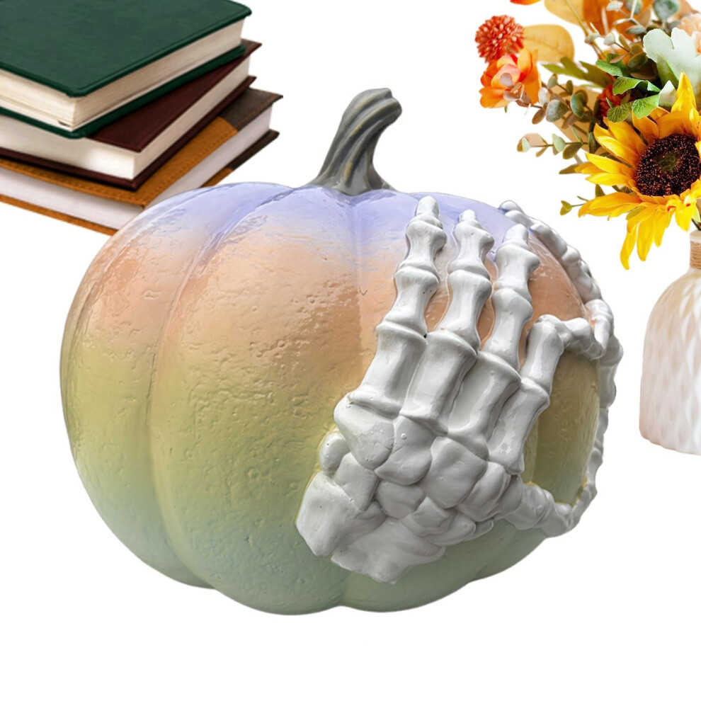 (Yellow) Fake Pumpkins Skeleton Hand Figurines Resin Artwork Collectible Figurines Gothic Fall Decor Halloween Yellow