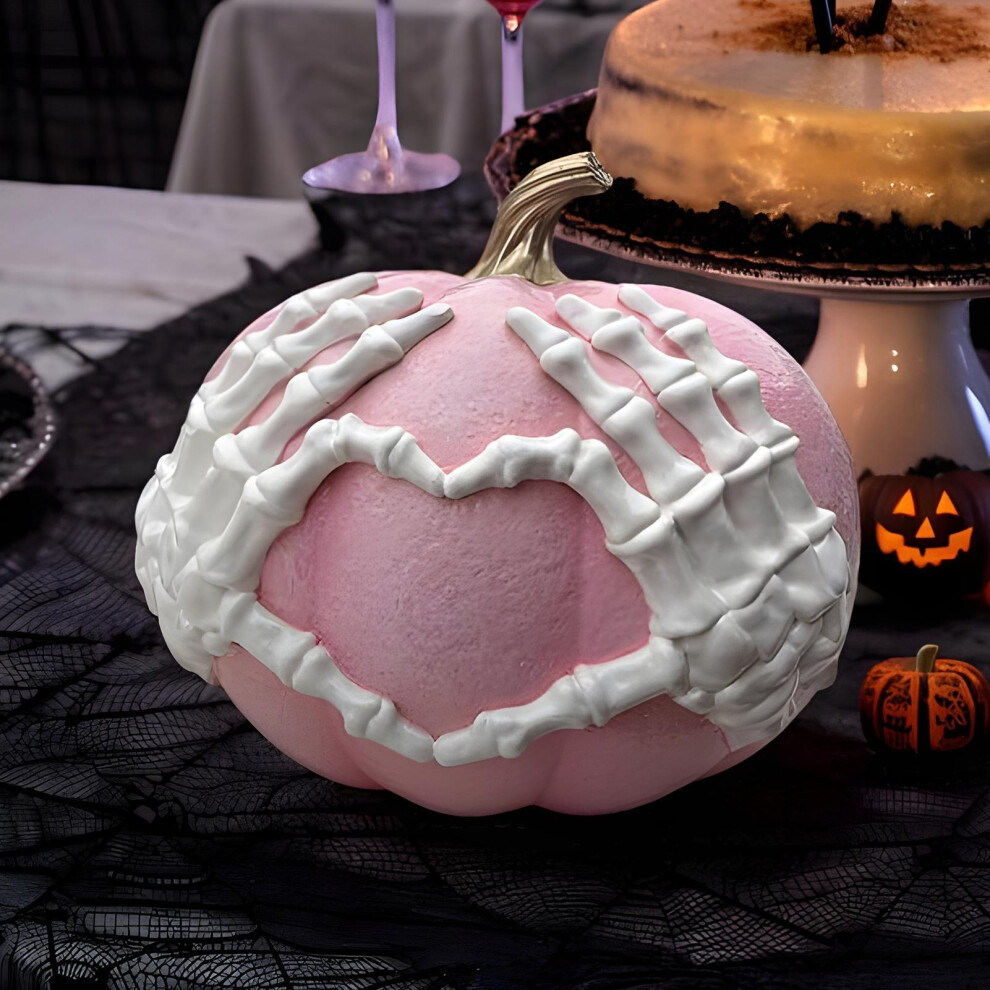 (Pink) Fake Pumpkins Skeleton Hand Figurines Resin Artwork Collectible Figurines Gothic Fall Decor Halloween Pink
