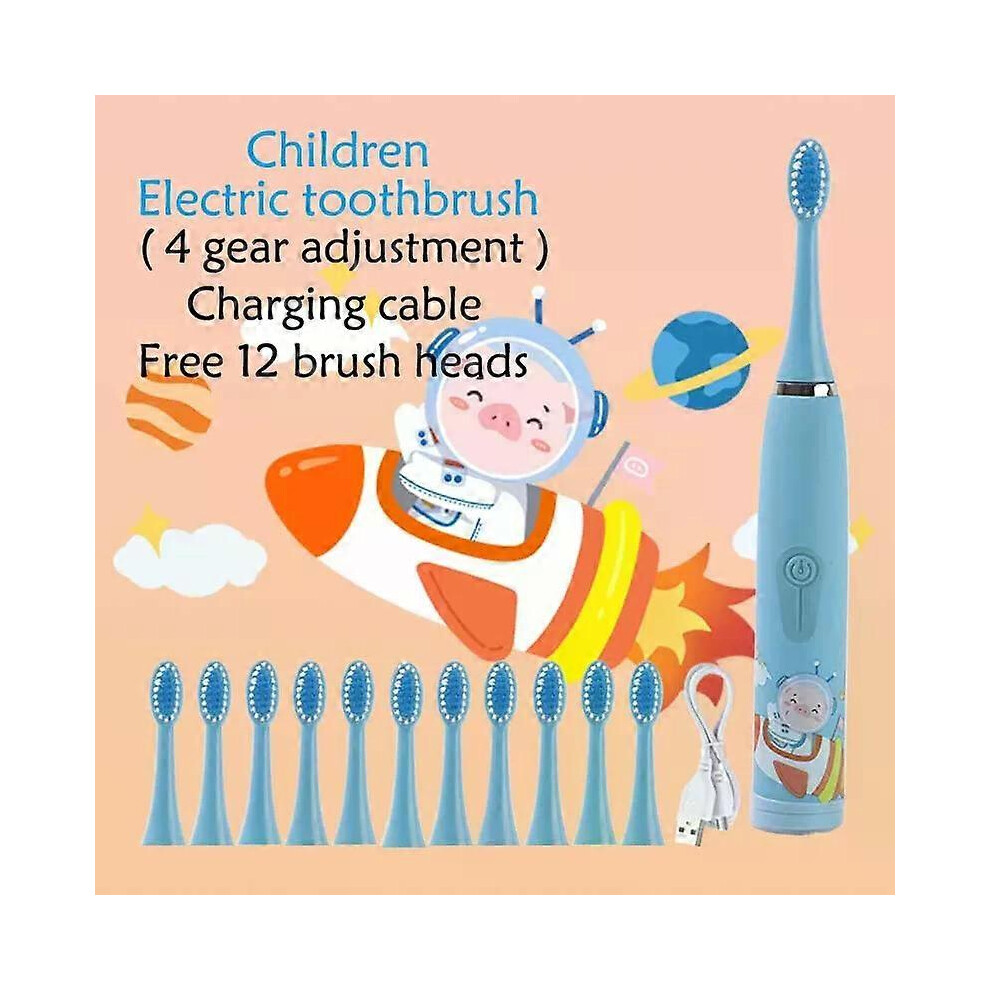 (Yellow 12 head2, One size) Children&#39;s Sonic Electric Toothbrush Colorful Cartoon Kids IPX7 Waterproof Ultrasonic Rechargeable Soft Hair Cleaning-image-OPC-PHJ2VS8-NEW