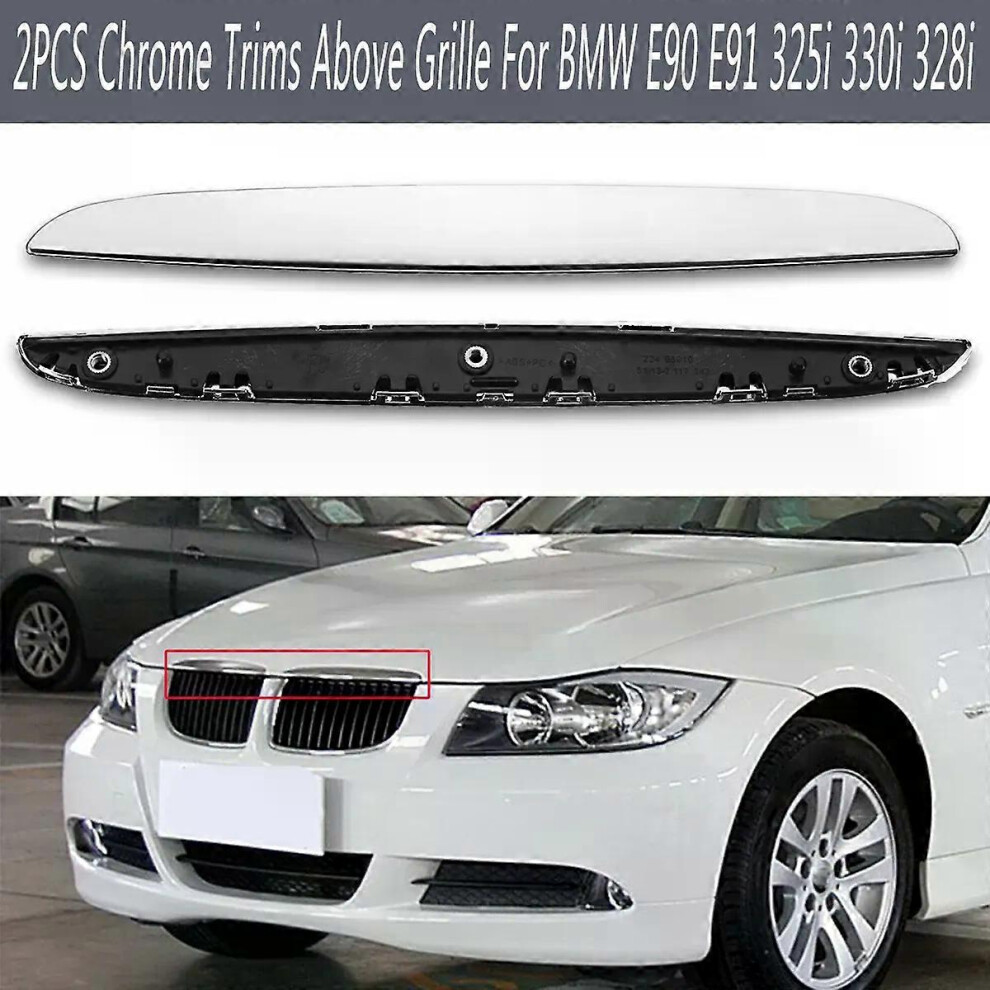 (As Show, One Size) 2Pcs Abs Hood Chrome Trims Above Kidney Grille Compatible For E90 E91 325I 330I 328I Strips Molding Exterior Parts 51137117241 4909775414660