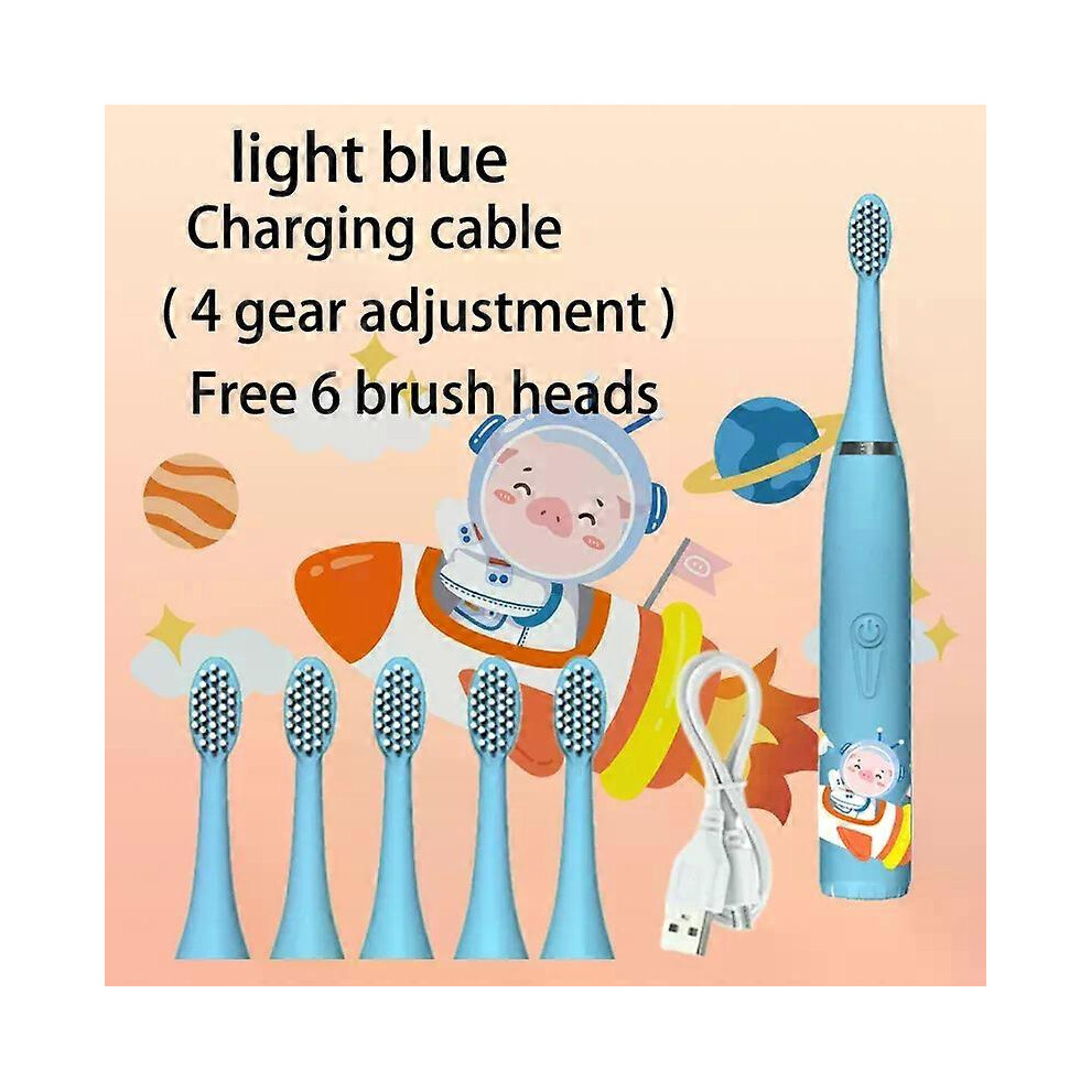 (Light Blue 6 Head, One size) USB Sonic Children Electric Toothbrush Rechargeable Colorful Cartoon Brush Kids Automatic IPX7 Waterproof With Replaceme-image-OPC-PHJ2WV7-NEW