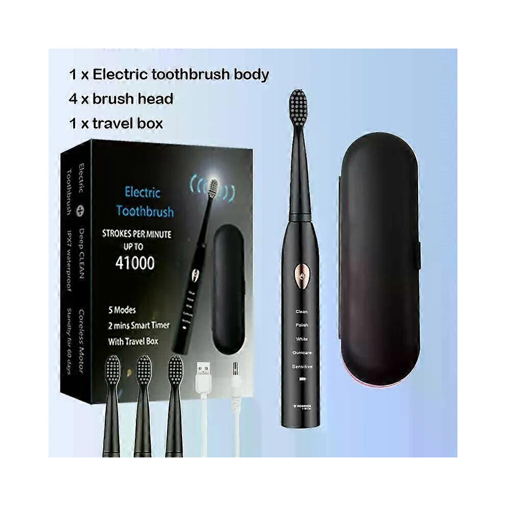 Kikidex Black ( 4Head 1Box, One Size) Ultrasonic Sonic Electric Toothbrush For Adult Rechargeable Tooth Brushes Washable Electronic Whitening Teeth Brush Timer
