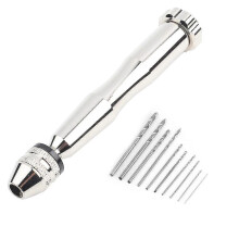 (As show, One size) Silver Color Wide Grasp Range Chuck Hand Twist Drill With 10 HHS Drill Bits Wood Drilling Tool