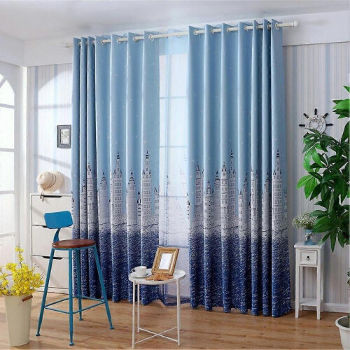 100*250cm Modern Beautiful Pattern Polyester Bedroom Living Room Lightproof Curtain (Blue) 1