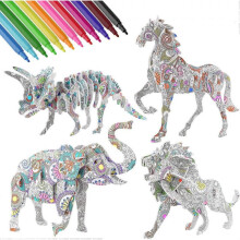 Piao 3D Coloring Puzzle Set, 4 Animals Painting Puzzles with 12 Pen Markers, Creativity Diy Gift for Boys Girls Age 8-12 Years Old Kids
