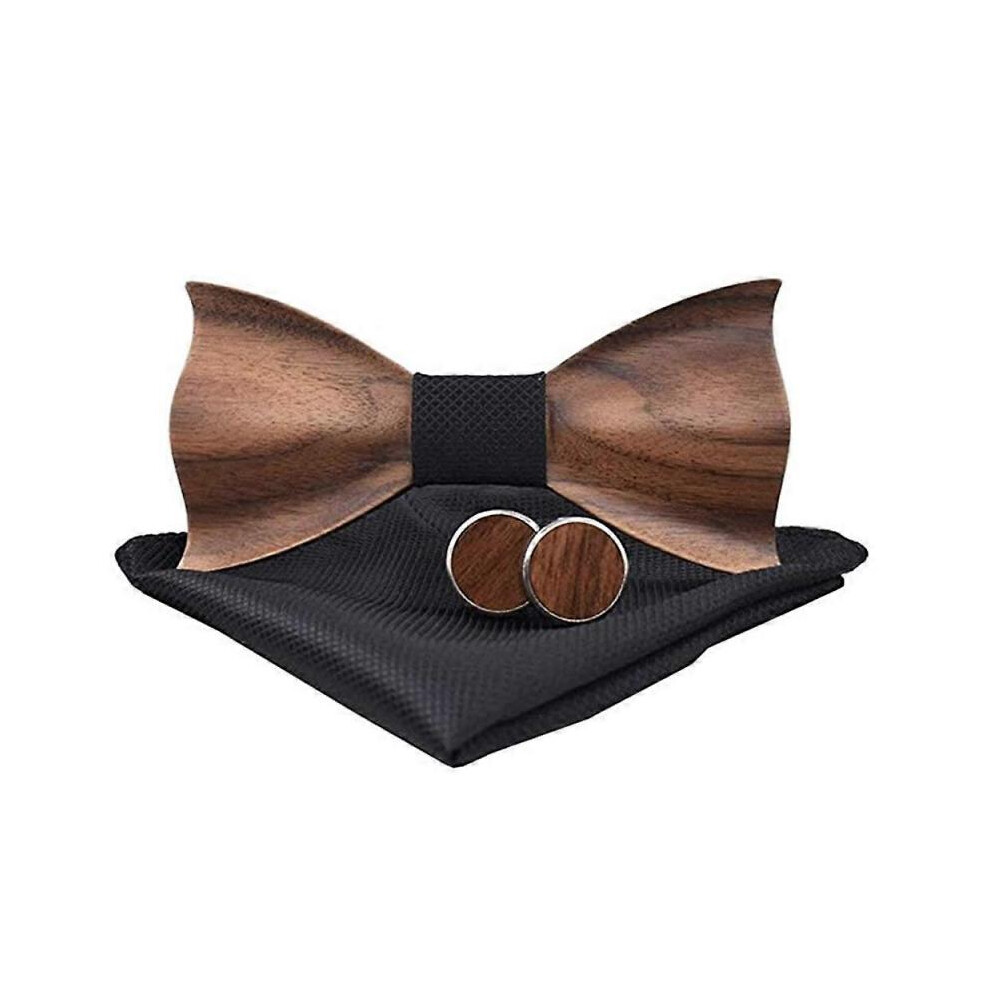 (Black) Handmade Wooden Bow Tie Made In Editions, Wood Bow Tie 3D Embossed Wooden Bow Tie Plaid Square Scarf-image