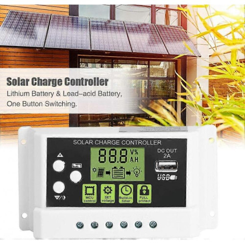 Solar Panel Charge Controller, Akozon PWM Intelligent Solar Charge Regulator LCD Display USB Output 12V 24V 10/20/30A Solar Panel Battery Regulator (K 1