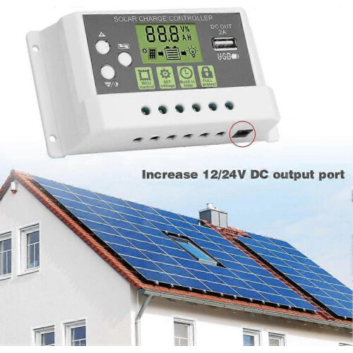Solar Panel Charge Controller, Akozon PWM Intelligent Solar Charge Regulator LCD Display USB Output 12V 24V 10/20/30A Solar Panel Battery Regulator (K 2