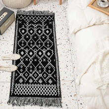 (As show, One size) Ethnic style cotton and linen woven carpet bedroom bedside tassel long floor mat living room sofa carpet tatami mat Situ Yake 60*90cm
