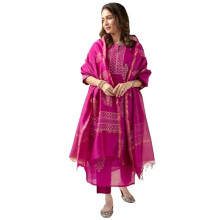 Gosriki Rayon Feminino Blend Kurta impressa em linha reta com Pant & Dupatta (Mangai Pink-Gs_m_pink_medium)