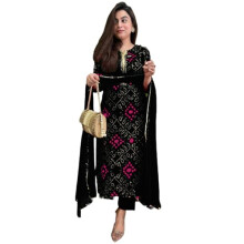 Gosriki Rayon Blend Bandhej imprimiu Kurta com Pant & Dupatta (Turae Black-Gs_M_Black_medium)