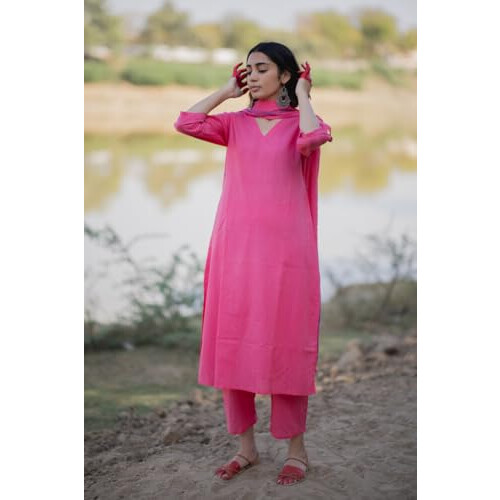 Gosriki Rayon Blend Solid Solid Kurta com Pant & Dupatta (Janeu Pink-Gs_m_pink_medium) 2