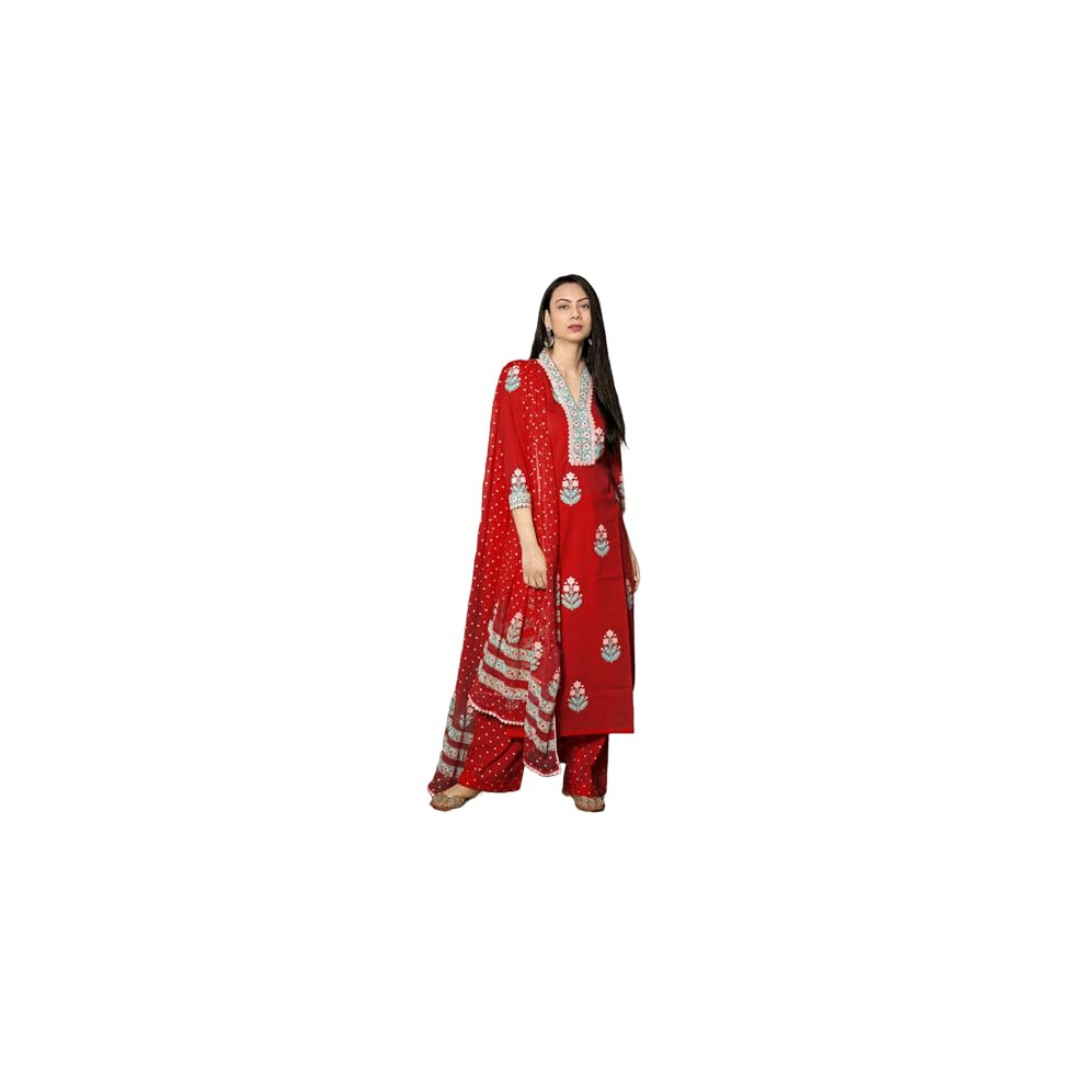 Kurta Droit Imprim En Rayonne Et Viscose Pour Femme Gosriki Avec Pantalon Et Dupatta (Belagavi Red-Gs_M_Red_Medium)-image