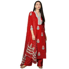 Gosriki Rayon feminino viscose Impresso Kurta reta com Pant & Dupatta (Belagavi Red-Gs_L_Red_Large)