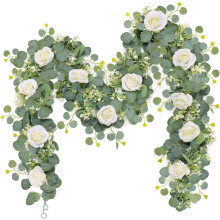 2PCS Silk Rose Garland Artificial Flower Eucalyptus Garland Fake Rose Vine Artificial Greenery For Wedding Table Wall Decor White Rose