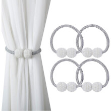 (Silver, 4PCS) Magnetic Curtain Tie Backs Magnetic Rope Curtain Clips Small Bead Curtain Holdback For Home Office Hotel Window Decoration