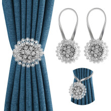 2 Pack Crystal Curtain Tiebacks, Magnetic Tieback, Flower Curtain Holdback With High Stretchy Wire Rope, Flower Curtain Buckle Silver