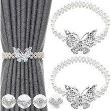 2PCS Magnetic Curtain Tie Backs Metal Butterfly Tiebacks With Pearl Elastic Rope Curtains Hold Holdbacks For Home Office Hotel Window Drape