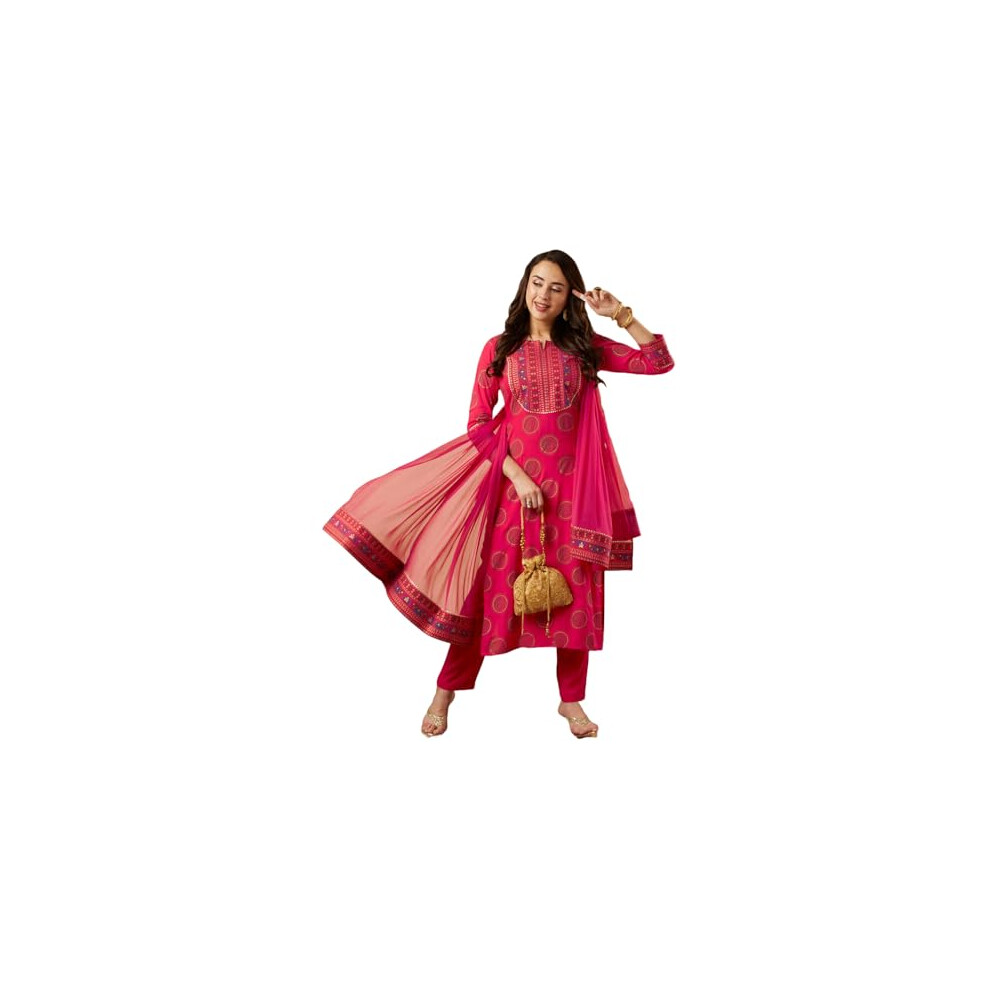 Kurta Droit Imprim En Coton M Lang Pour Femme Gosriki Avec Pantalon Et Dupatta (Nov-Pink-Gs_3Xl_Pink_Xxx-Large)-image