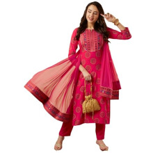 Gosriki Feminino Mistura de algod  o impressa Kurta reta com Pant & Dupatta (Nov-Pink-Gs_xxl_pink_xx-Large)