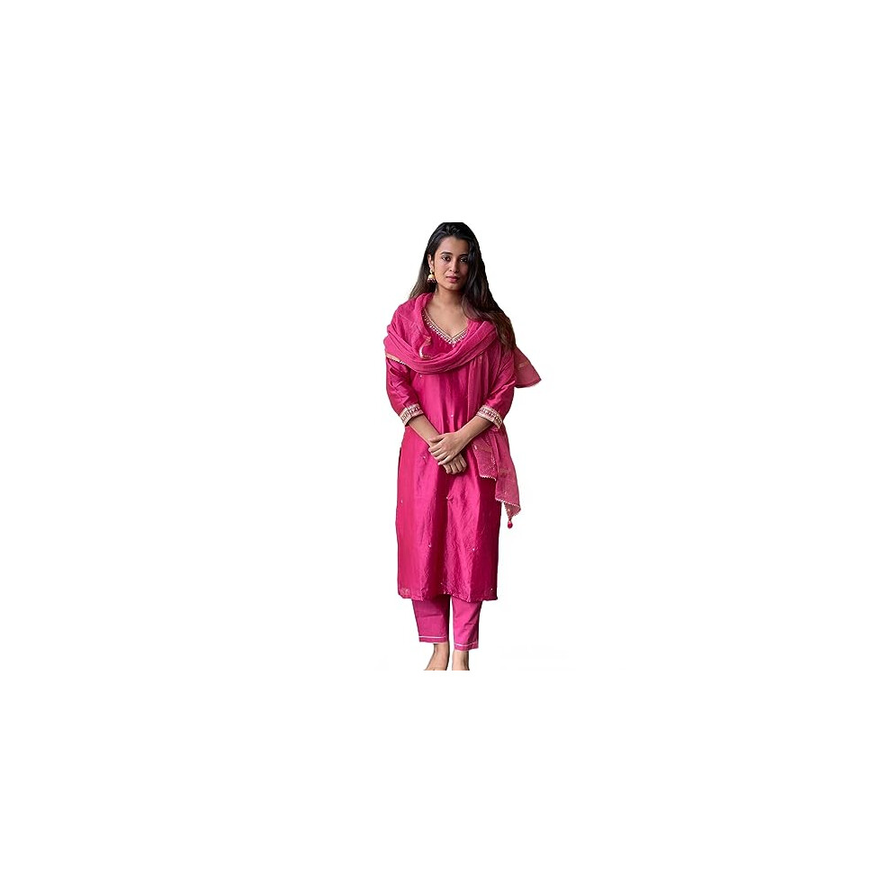 Kurta In Misto Cotone Con Pantaloni E Dupatta Da Donna Gosriki (Bagicha-Rani-Gs_Pink_Medium)-image