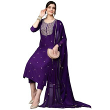 Gosriki Feminino Mistura de algod  o bordado Kurta reta com Pant & Dupatta (Kasturi come  ou