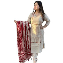 Gosriki Feminino Blend reto bordado Kurta com Pant & Dupatta (DD Beige-NW-GS_M_BEIGE_MEDIUM)
