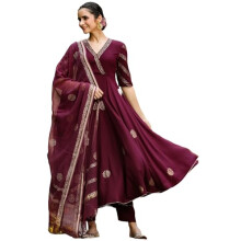 Gosriki Feminino Feminino Blend Anarkali Kurta com Pant & Dupatta (Berlin Wine-Gs_xxl_wine_xx-Large)