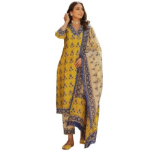 GoSriKi Women's Cotton Blend Straight Printed Kurta with Pant & Dupatta (Uchiha Mustard-GS_XXL_Mustard_XX-Large)