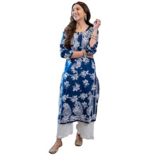 Gosriki Blend feminino Blend Chikankari bordou Kurta Straight (SCEROS-CEROSING-GS_XL_BLUE_X-LARGE)