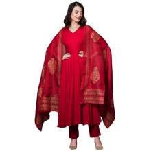 Kurta Anarkali in misto rayon tinta unita da donna GoSriKi con pantaloni e dupatta (Magic-RED-NDM-GS_M_Red_Medium)