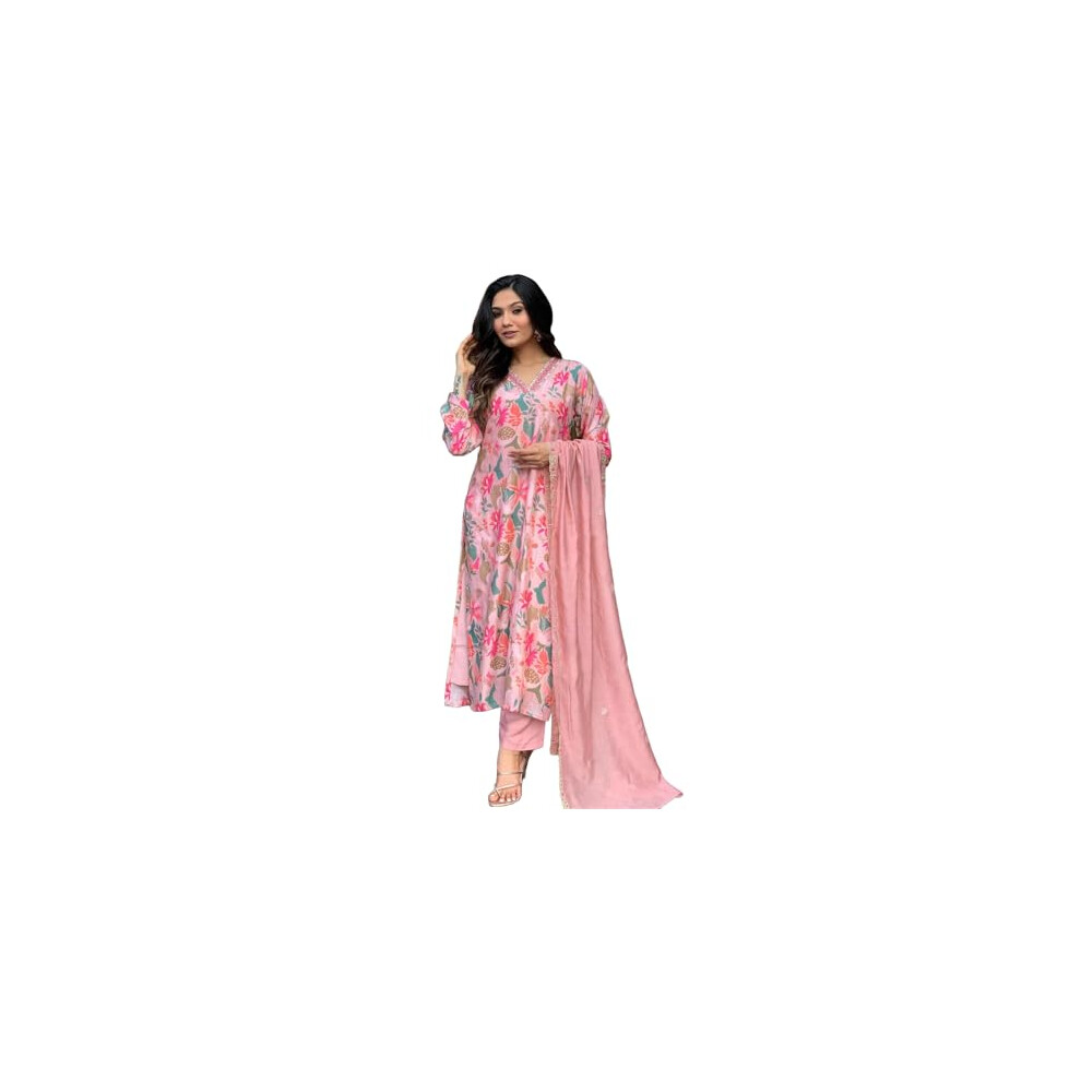 Gosriki Damen-Kurta Aus Viskosemischung Mit Aufdruck, Gerade Geschnitten, Mit Hose Und Dupatta (Maslin-Multi-Gs_Xxl_Peach_Xx-Large)-image