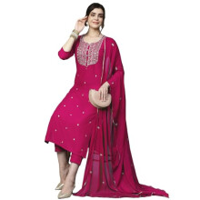 Kurta droit brod en coton m lang pour femme GoSriKi avec pantalon et dupatta (Kasturi Pink-APL-GS_XL_Pink_X-Large)