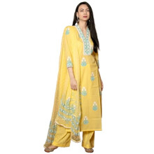 GoSriKi dameskurta met rechte, handgeblokte print van katoenmix, broek en dupatta (Belagavi Mustard-GS_5XL_Mustard_XXXXX-Large)