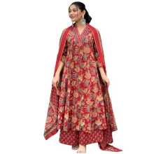 Gosriki Feminino Rayon Blend Anarkali Impresso Kurta com Palazzo & Dupatta (CIA Red-GS_L_LED_LARGE)