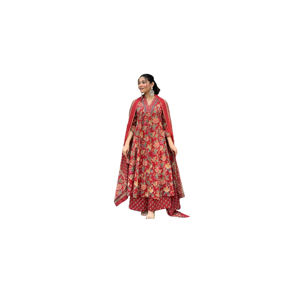 Kurta Con Estampado Anarkali De Mezcla De Ray N Para Mujer De Gosriki, Con Palazzo Y Dupatta (Cia Red-Gs_Xl_Red_X-Large)-image