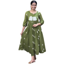 GoSriKi Kurta stampato Anarkali in misto rayon da donna con pantaloni (ANVESHI Methi-GS_M_Green_Medium)