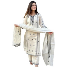 Gosriki Rayon Feminino Blend reto bordado Kurta com Pant & Dupatta (Devanagri White-GS_L_WHITE_LARGE)