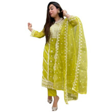 Gosriki Rayon Feminino Blend reto bordado Kurta com Pant & Dupatta (Carlton Lemon-Gs_XL_LEMon_X-Large)