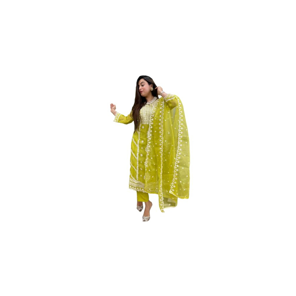 Gosriki Damen-Kurta Aus Viskosemischung Mit Stickerei, Gerade, Hose Und Dupatta (Carlton Lemon-Gs_3Xl_Lemon_Xxx-Large)-image