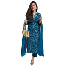 Gosriki Rayon Feminino Blend Kurta impressa reta com Pant & Dupatta (Turae Cerosin-Gs_M_Dark Blue_medium)