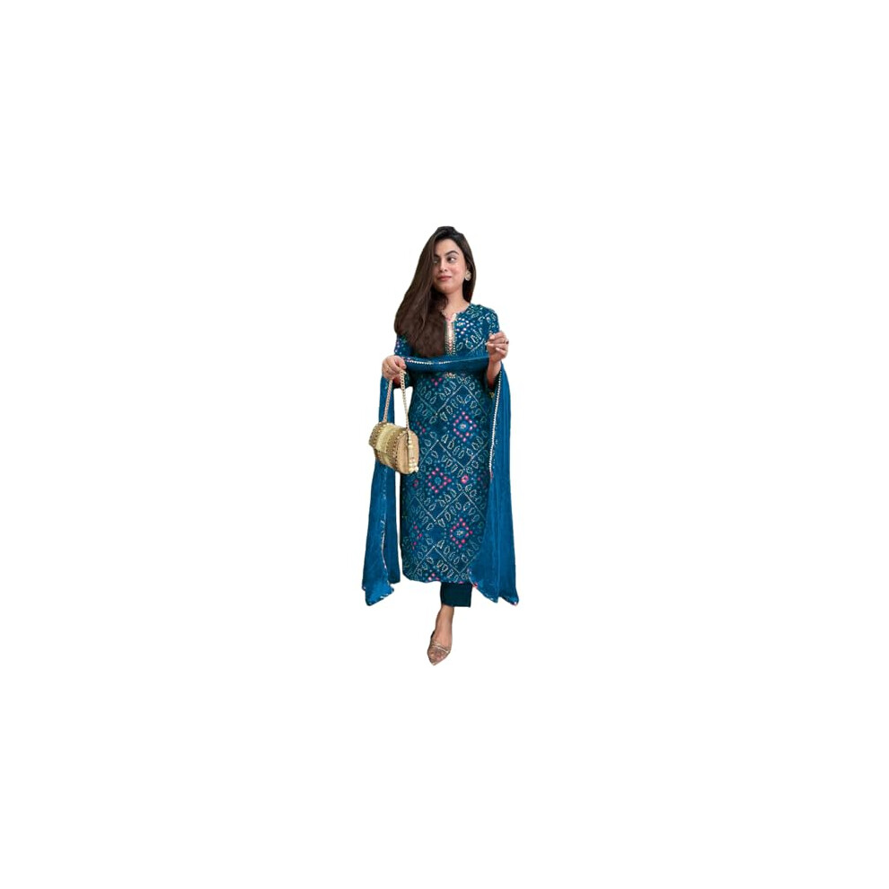 Gosriki Rayon Blend Straight Printed Kurta Voor Dames Met Broek En Dupatta (Turae Cerosin-Gs_Xxl_Dark Blue_Xx-Large)-image