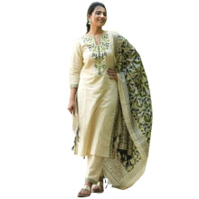 Gosriki Rayon Feminino Blend reto bordado Kurta com Pant & Dupatta (Pamposh Cream-Gs_xxl_cream_xx-Large)